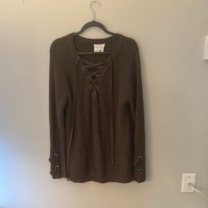 Brown Crew Neck Sweater with Lace-Up Detail